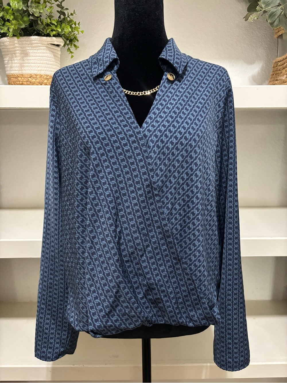 Michael Kors Navy Patterned Surplice Long-Sleeve Blouse